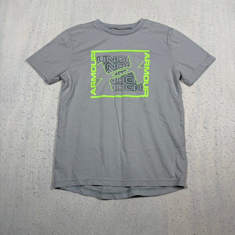 Under Armour Boys Gray HeatGear Short Sleeve Graphic Logo T-Shirt Size Medium M